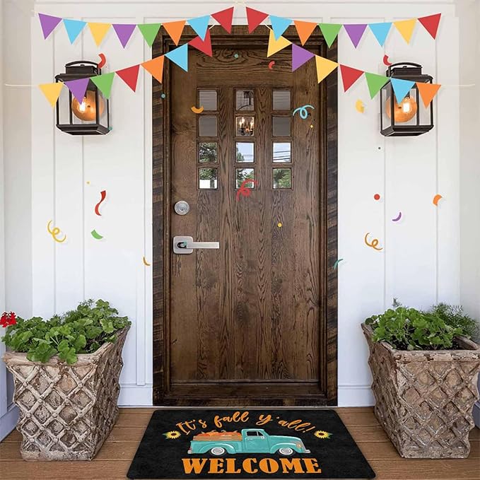 InterestPrint Fall Welcome Door Mat, Fall Truck Harvest Pumpkin Doormat for Front Door Outdoor Outside Entrance Porch Non Slip Rubber Rug Autumn Halloween Thanksgiving Farmhouse Decor, 30"x18"inch