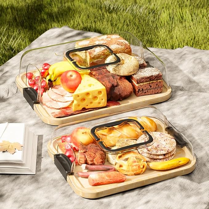 2-Pack Charcuterie Board with Lid 4" Heightened Lid - 14.2" & 13.4" Bamboo Trays Entertaining - Housewarming Warming Gifts New Home, Gifts for Women - Large Food Platter