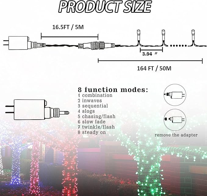 FUNPENY 164FT 500 LED Christmas Indoor Outdoor Decorative String Lights, 8 Modes Waterproof Green Wire LED Fairy Light for Christmas Party Wedding Garden Home Decoration (Warm White)