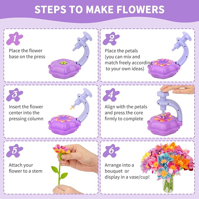 Fabric Flower Bouquets Toys - Kids DIY Arts and Crafts Kit,Creative Birthday Gifts for Girls Ages 4 5 6 7 8+ Build Your Own Flowers,Preschool Education Activities & Entertainment Flower Toys (Purple)