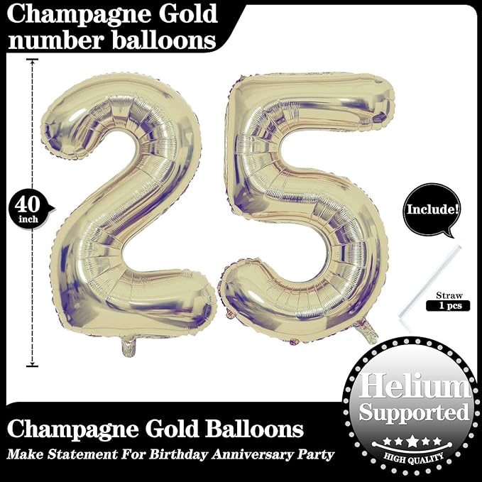 Champagne Gold 25 Number Balloons, 40 Inch Giant Number 25 Balloons Foil Mylar Helium Light Gold Number Balloons for 25th Birthday Party Supplies Anniversary Event Celebration Decorations