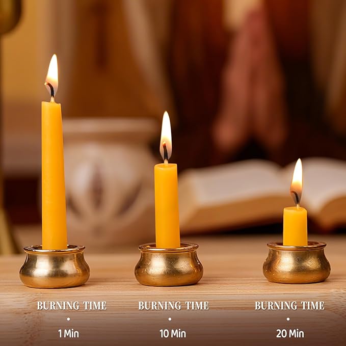 70Pcs Beeswax Candles 30 Minute Meditation Candles, Mini Taper Candles with Brass Candle Holders, Prayer Candle Gift for Yoga Relaxation