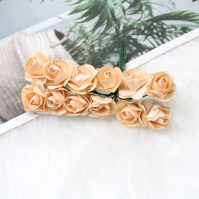 144pcs Mulberry Paper Mini Roses Artificial Flowers Heads with Stems for DIY Crafts Accessories Make Bridal Hair Clips Headbands Dress Wedding Bridal Bouquets Party Home Decor Valentine's (Champagne)