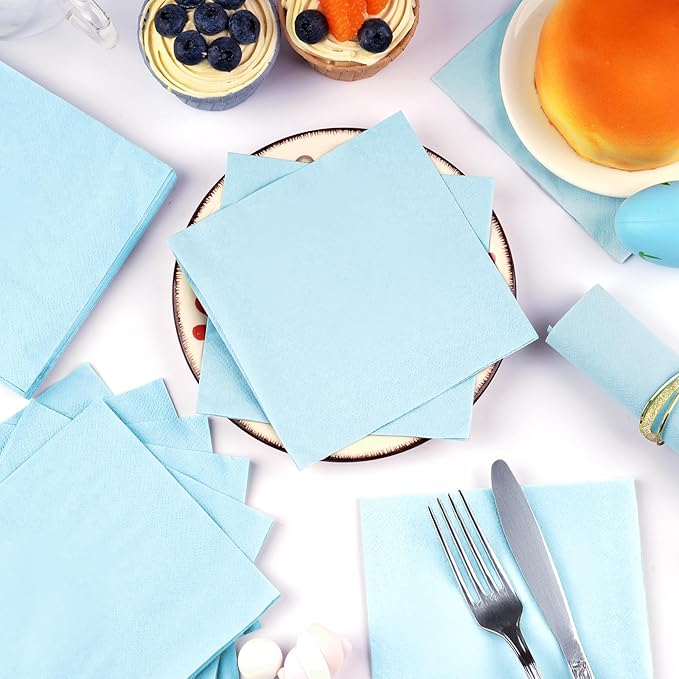 100 Pack Cocktail Napkins Disposable, 2-Ply 5" x 5" Party Napkins, Square Beverage Dinner Napkin for Wedding Birthday Party Anniversary Reception Bar Event (Light Blue)