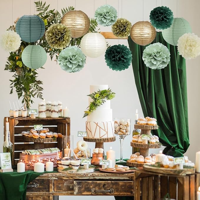 zilue Sage Green Party Decorations, Sage Green Paper Lanterns and Pom Poms Flowers for Birthday Party Baby Shower Wedding Shower Decor Gold/Ivory/Sage Green 15pcs