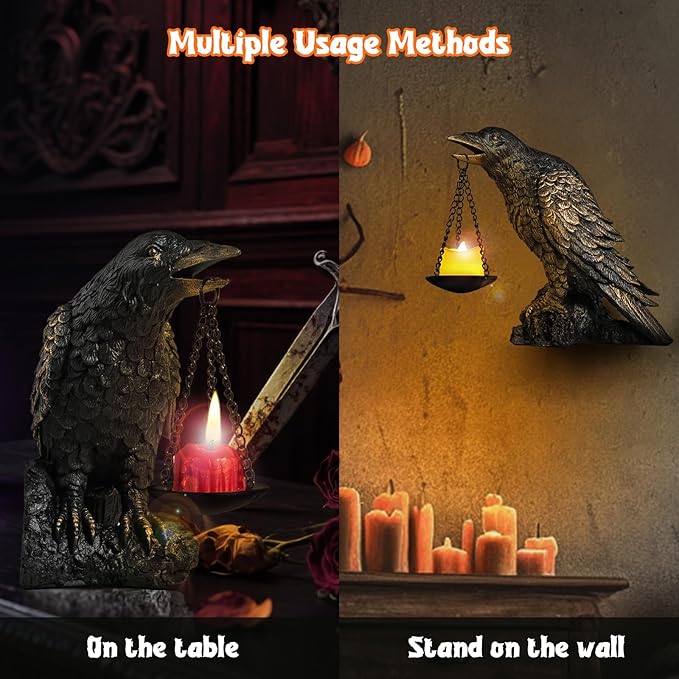 Halloween Decorations Outdoor Indoor Gothic Crow Wall Decor Table Candle Holder Raven Tealight Statue for Yard Patio Garden Bedroom Wearing Gold