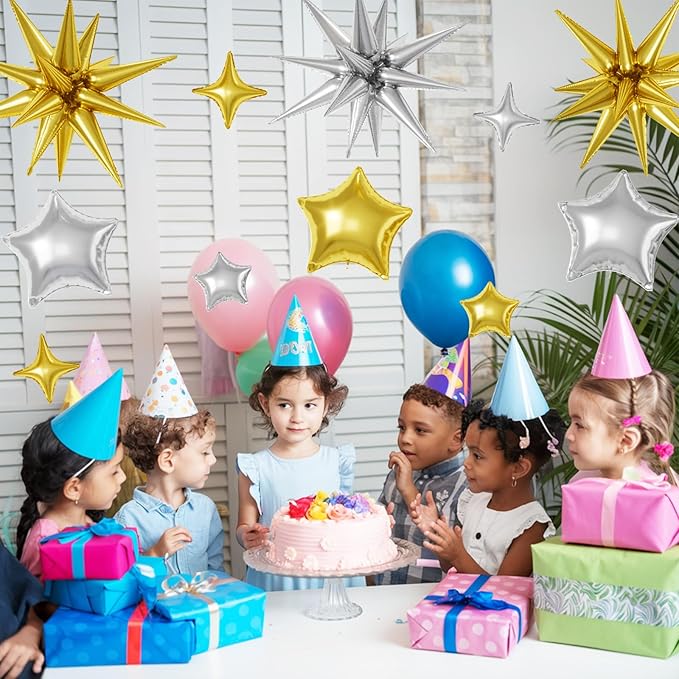 16 Pcs Gold Silver Star Balloons, 22/18/10 Inch Foil Balloons, Four-Pointed Balloon for Kids Men Birthday Graduation Wedding Bridal Baby Shower Party Decorations