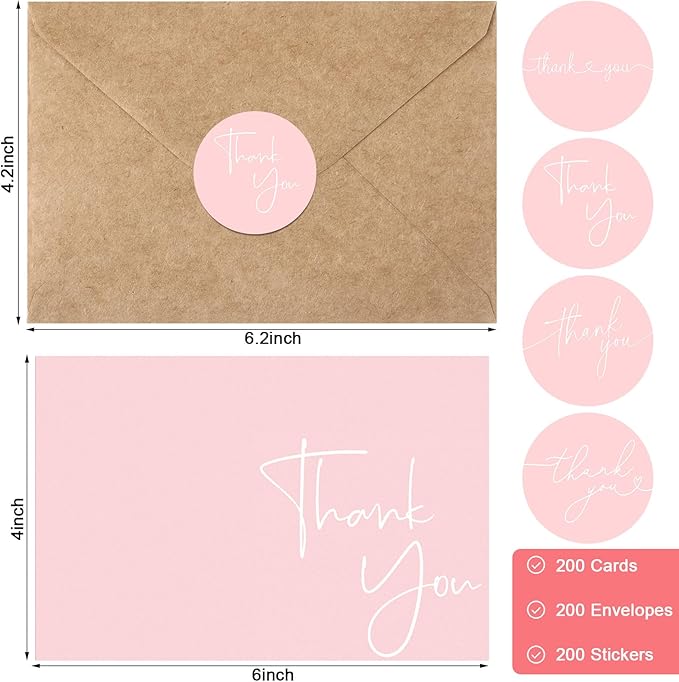 Teling 200 Set Thank You Cards with Envelopes Bulk, 6 x 4 Inch Blank Thank U Greeting Notes with Brown Kraft Envelopes Stickers Thankyou Card Set for Graduation Wedding Birthday Baby Shower(Pink)