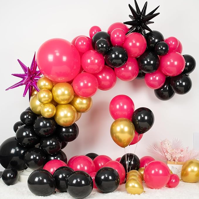 Hot Pink Black Balloon Arch Kit,Balloon Garland with Black Hot Pink Star Foil Balloons Metallic Gold Balloons for Birthday Baby Shower Wedding Engagement Anniversary Party Decorations