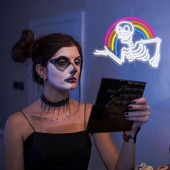Rainbow Skeleton Halloween Neon Sign Welcoming Skull Led Neon Light Colorful Rainbow Light Up Sign for Halloween Party Christmas Bedroom Man Cave Game Room(16.5 * 12.5in)