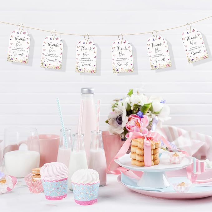 G2PLUS Butterfly Thank You Tags, 50 Pcs Thank You for Fluttering by Tags, Floral Butterflies Paper Gift Tag with String for Baby Shower, Birthday, Wedding Party Favors