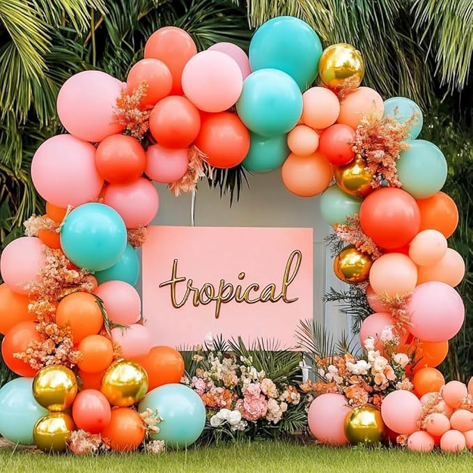 Pinbra Pastel Balloons Garland Kit Coral Pink Teal Blue Balloons Double Stuffed Light Green Orange Gold Metallic Latex Arch for Tropical Hawaii Luau Birthday Baby Shower Christmas Party Decorations