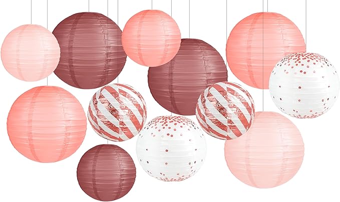 12PCS Rose Gold Back to School Vintage Floral Wedding Hanging Paper Lanterns Decorations Rose Gold Birthday Decorations Bachelorette Bridal Showers Mothers Day Party Supplies