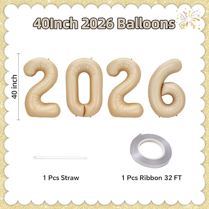 KALOR 42 Inch 2026 Caramel Mylar Number Balloons, 2026 New Years Foil Balloon for 2026 Happy New Year Eve and Graduations Decorations Party Supplies