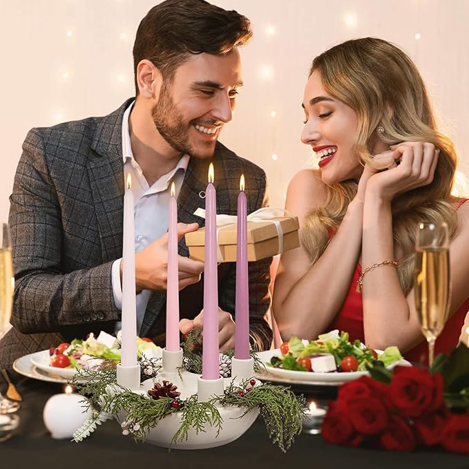 Ceramic Advent Wreath Candle Holder - 4 Taper Candlestick Seats, Ivory Modern Candle Stand for Christmas Holiday Home Party Kitchen Table Decor (Without Candles)