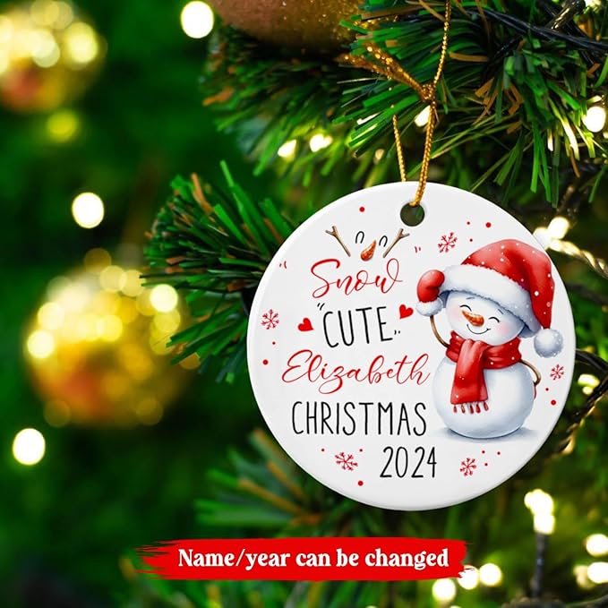 Personalized Snow Cute Christmas Ceramic Ornament, Snowman Wearing Santa Hat, Holiday Keepsakes Gifts for Baby Boy Girl Kids, Custom Name & Year for Xmas Tree
