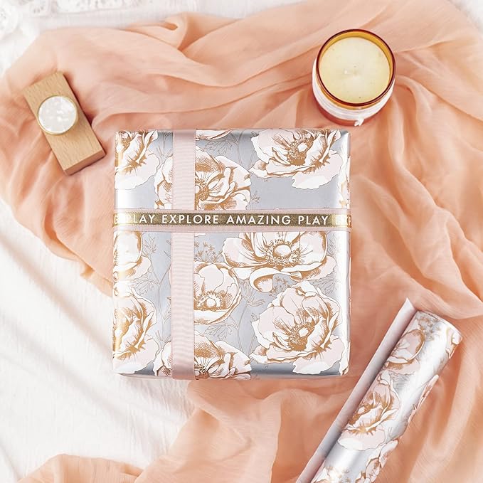 WRAPAHOLIC Reversible Floral Wrapping Paper - Mini Roll - 17 Inch X 33 Feet - Elegant Pink Wedding Wrapping Paper for Birthday, Bridal Shower, Baby Shower