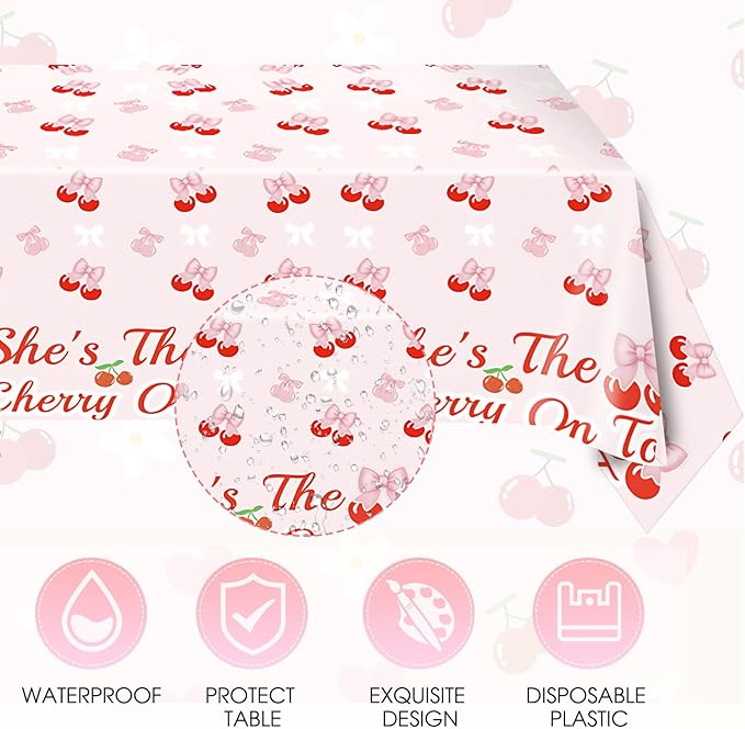 41Pcs Cherry Party Decorations,She's The Cherry On Top Theme Tableware,Cute Pink Bow Cherry Plates,Napkin,Tablecloth丨Girls Birthday Baby Shower Bachelorette Bridal Engagement Wedding Party Supplies