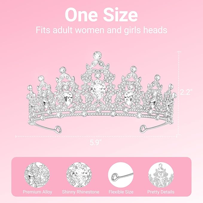 Tiara Crown for Women, Headband Hair Accessories for Birthday Wedding Party Costume Silver