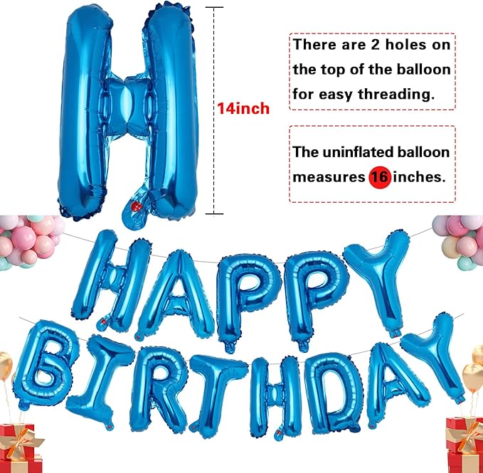 Accevo Dark Blue Happy Birthday Banner 16 Inch Mylar Foil Letters Balloons Happy Birthday Balloon for Kids, Child, Adults, Boys & Girls Happy Birthday Sign Birthday Party Decorations Supplies