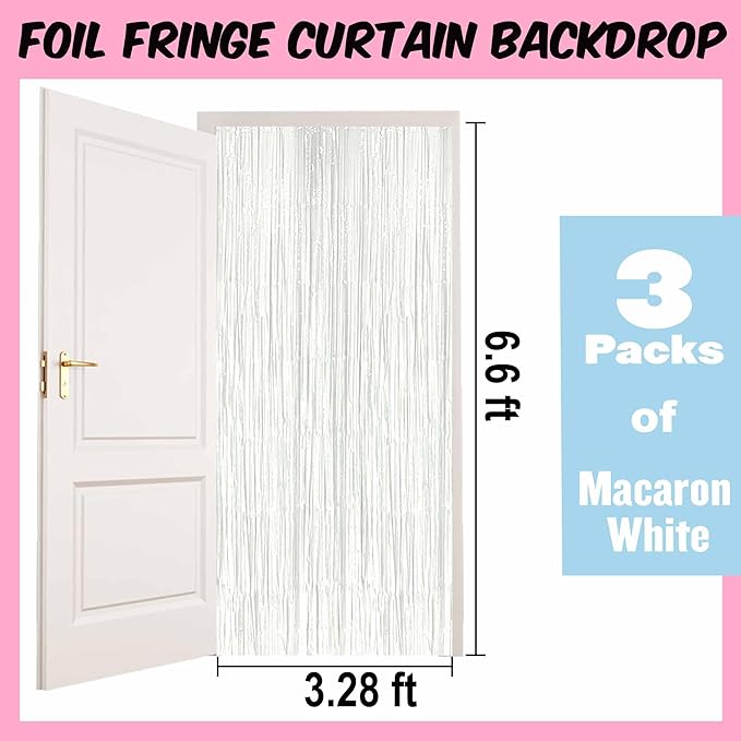 3 Pack Macaron White Foil Fringe Curtains Backdrop, 3.28 x 6.6 Ft Metallic Streamers Tinsel Curtains Background for Photo Booth, Birthday, Halloween, Christmas, New Year Party Decorations