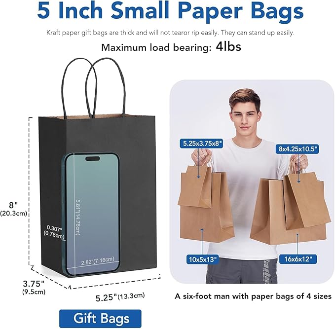 GSSUSA Paper Gift Bags 5.25x3.75x8 Inch 20000 Pack, Valentine's Day Gift Wrap Bags with Handles, Black Kraft Paper Bag for Small Business, Heavy Duty Bulk, for Birthday Party Favors, Shopping, Retail