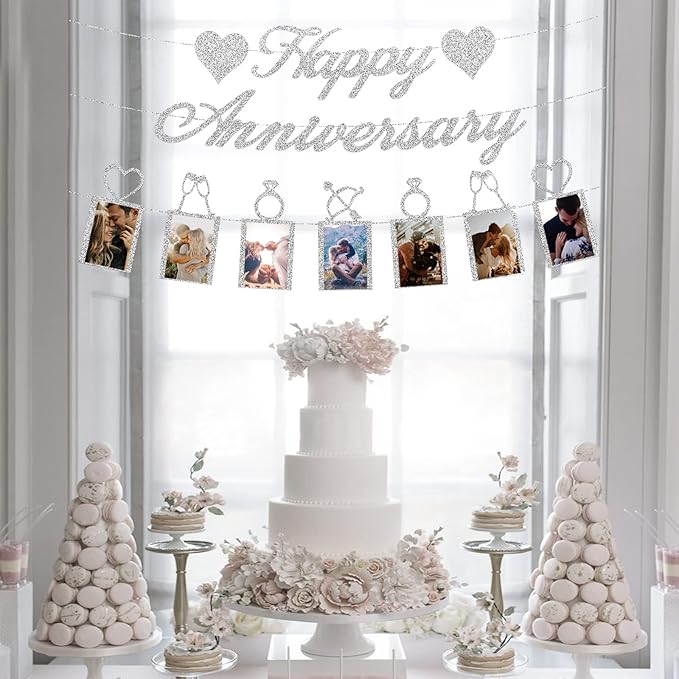 Happy Anniversary Party Decorations - Silver Anniversary Banner and Photo Banner for Wedding Party Decor