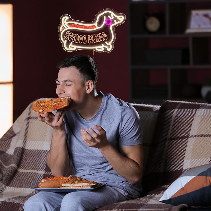 Hot dog World Neon Sign,Led Dog Neon Light Sign,Funny Dachshund Room Decor Sign,Hanging Neon Sign For Kids Room Bedroom Kitchen Cafe Restaurant Wall Decor