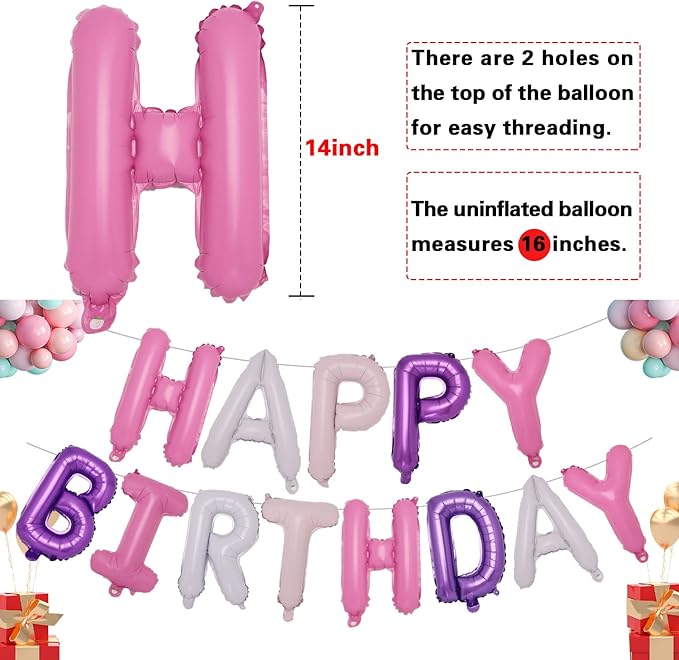 Accevo Pantone Happy Birthday Banner Purple Pink Happy Birthday Balloons 16 Inch Foil Letters Balloons Happy Birthday Sign for Kids, Child, Adults, Boys & Girls Birthday Decorations Birthday Banner
