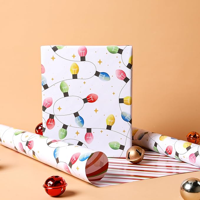 LaRibbons Reversible Vintage Christmas Wrapping Paper Roll, Classic Christmas Light & Stripe Gift Wrap for Holiday, Xmas Party Celebration, 17 Inch × 33 Feet