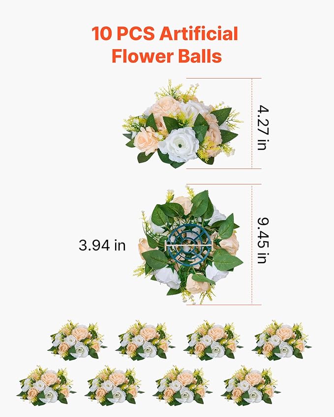 VEVOR Flower Ball Arrangement Bouquet 10 PCS, 9.5-Inch Diameter Artificial Flower Balls Wedding Table Centerpieces, Rose Arrangements for Wedding Centerpiece Home Decoration, Champagne & White Roses