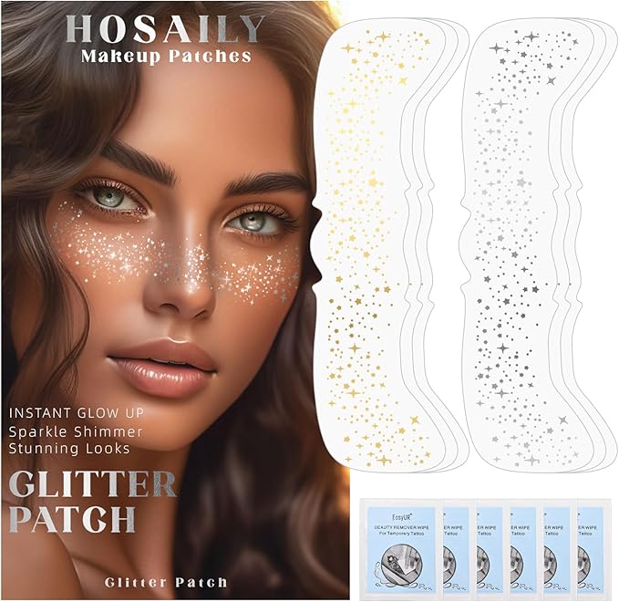 6 PCS Glitter Freckles Face Tattoo, Gold&Silver Waterproof Face Sparkle Glitter Speckles Patches for Women, Cute Star Metallic Glitter Temporary Tattoo Makeup Accessories for Festival #Set A