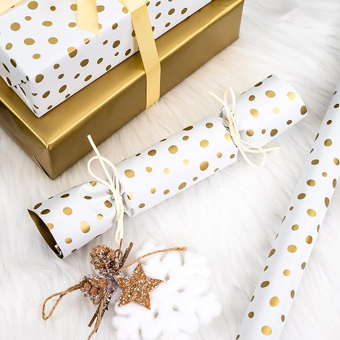 Burymento Golden Lrregular Wave Point Wrapping Paper, Reversible Gold Gift Wrap for Birthday, Valentines, Mothers day, Graduation, Wedding, Fathers day, Baby Shower, Christmas (17in x 16.4ft)