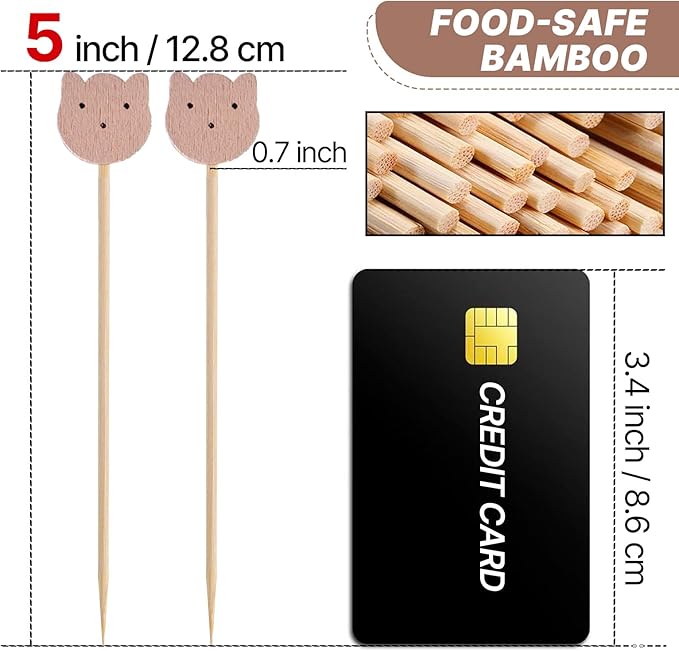 PuTwo Cocktail Picks 4.7 Inch 200pcs Bamboo Fancy Skewers Toothpicks for Appetizers Bear Face Toothpicks for Food Drink Fruit Sandwich BBQ Charcuterie Boards Accessories Birthday Party Supplies