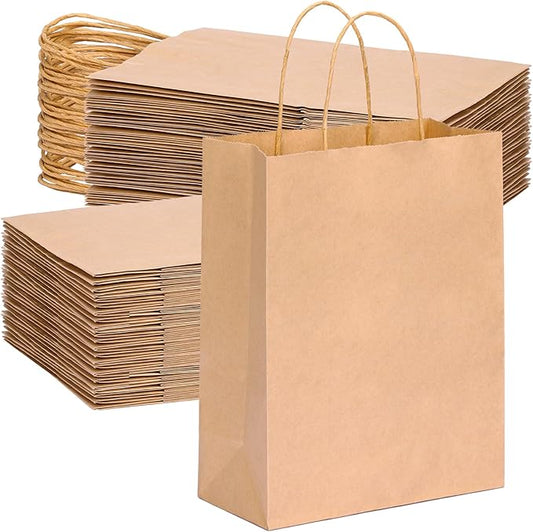 OUTUXED 120pcs Gift Bags, Brown Paper Bag with Handles 7.1x3.6x9.3in Medium Size, Kraft Paper Bags for Party, Businesses,Shopping
