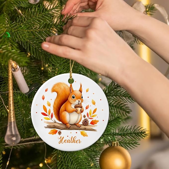 Customized Name Squirrel Christmas Holiday Ornament, Squirrels Keepsake Gift for Boy Girl Kids Children, Baby Squirrel Ornament Xmas Tree, Personalized Wild Animal Ceramic Ornaments, Squirrels Decor