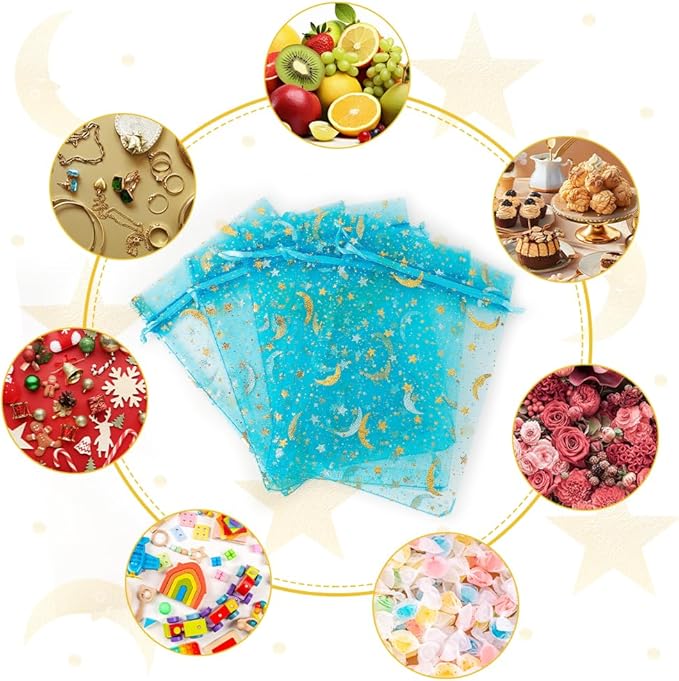Moon Star Organza Bags 4x6 Small Mesh Bag Drawstring 50 Pcs Mesh Gift Bags Drawstring Pouch Wedding Favor Bags Jewelry Pouches Bulk Gift Pouch for Candy Soaps Birthday Festival Party Supplies, Blue