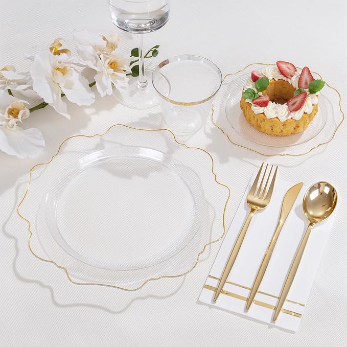 WDF 350Pcs Clear and Gold Plastic Plates - Heavy Duty Clear Plates Disposable - Gold Dinnerware Sets of 100 Plastic Plate 150Silverware 50 Cups 50 Napkins for Wedding/Party/Thanksgiving