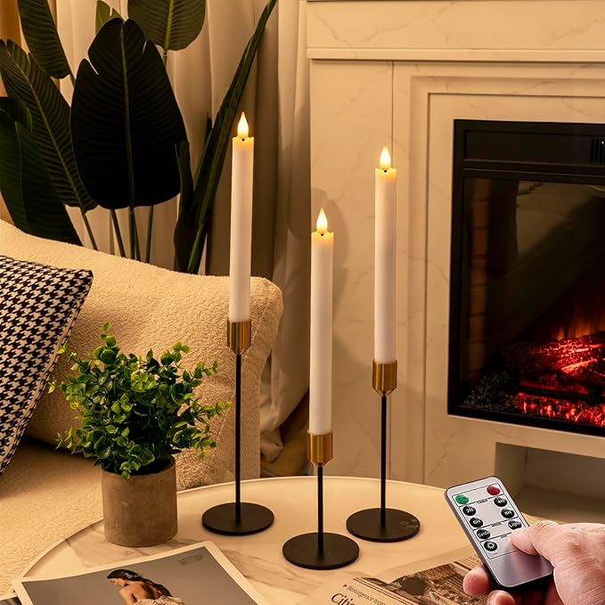 Homemory 12 Pcs Waxy Flameless Taper Candles with Remote, Flickering Battery Operated, LED Flameless Candlesticks, Classic Tall Taper Candles for Home, Wedding, Party, White, 9.6 inches