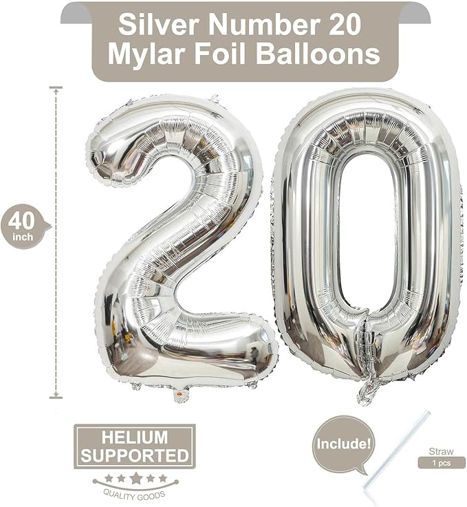 40 Inch Silver 20 Number Balloons Giant 20 Balloons Silver Birthday 20 Balloons 20th Birthday Anniversary Party Decorations Supplies