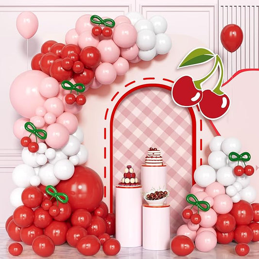 Cherry Balloon Garland Arch Kit, 134Pcs Pink and White Red Balloons Garland for Cherry Themed Birthday Princess Party Baby Shower Wedding Galentine's Bridal Shower Party Decorations