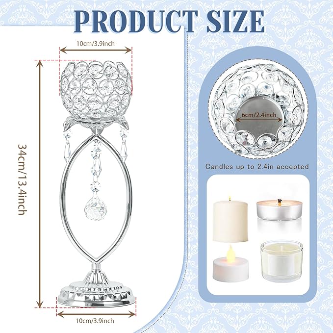 2 Pcs Silver Elegant Metal Crystal Tea Light Candle Holders with Crystal Pendants, Hollow Design - Wedding Table Centerpieces for Anniversary Birthday Party, Home Decor