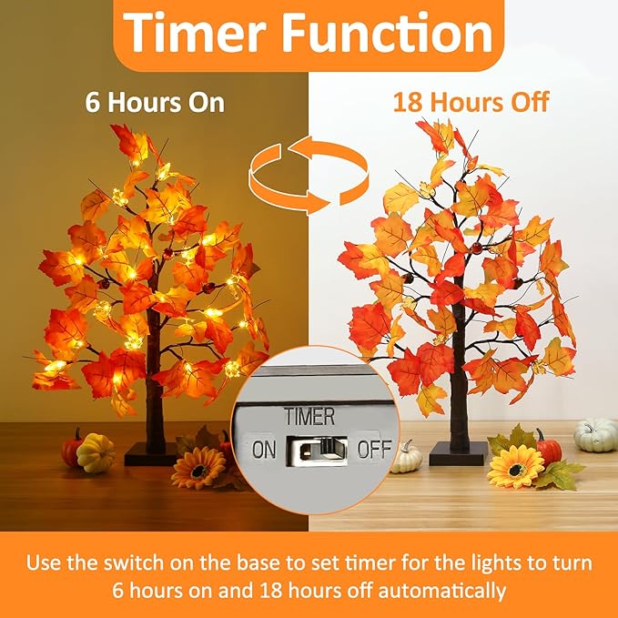 Joyhalo 2 Pack 23.5 Inch Fall Trees with Lights, Timer Battery Operated Fall Light Up Tree for Thanksgiving Autumn Home Office Room Indoor Decorations, Faux Fall Lighted Maple Trees Decor