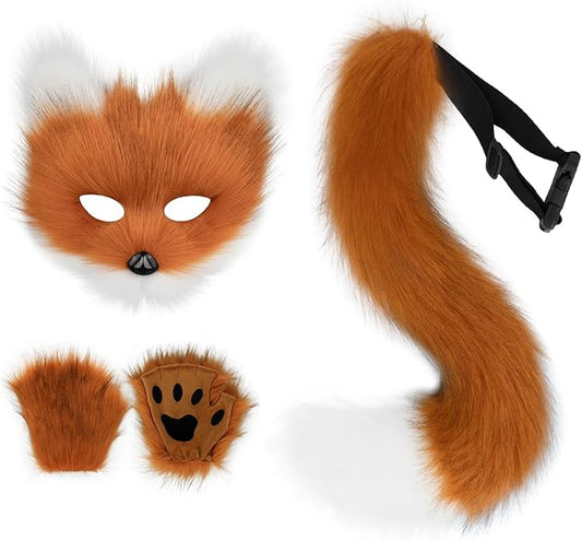 HAOAN Furry Fox Mask Wolf Fox Tail and Paw Gloves Set Adult Cat Halloween Mask Cosplay Animal Party Costume