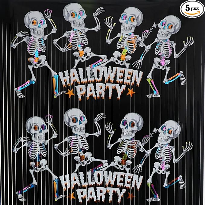 GOER Foil Curtain Backdrop for Halloween Party Decorations| Metallic Tinsel Halloween Theme Photo Booth Props (5 Pcs)