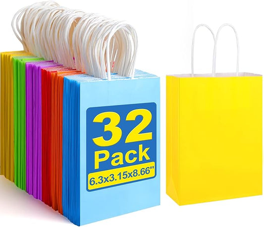 XPCARE 32Pcs Paper Gift Bags, 6.3"x3.15"x8.66" Kraft Paper Party Favor Bags Bulk Rainbow Goodie Bags Small Gift Bags with Handles for Kids Birthday Baby Shower Crafts Wedding Party Supplies (6 Colors)