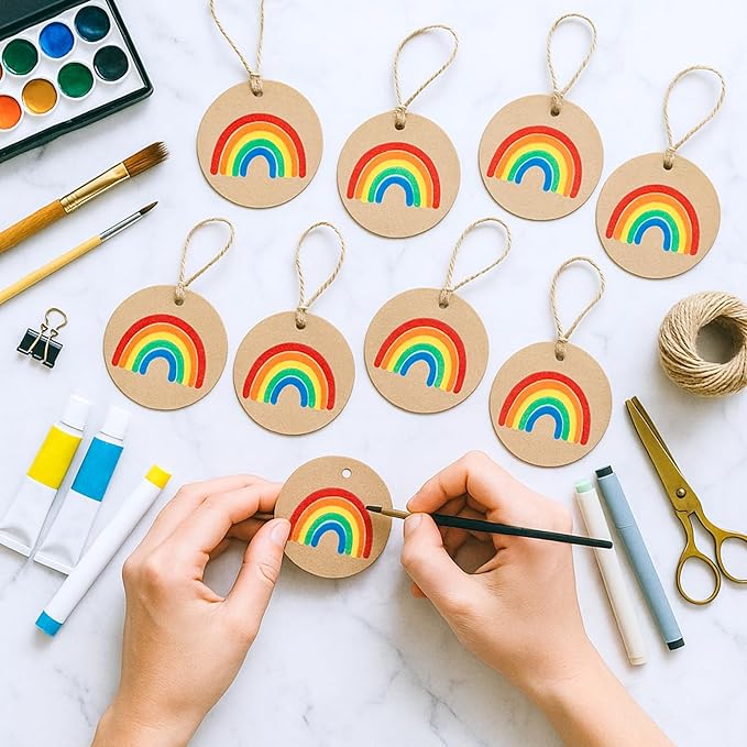 SallyFashion 160PCS Gift Tags with String Attached, Round Brown Gift Tags 2.2x2.2 inch Circle Kraft for Clothing, Gift, Cupcake Party Favors DIY Crafts