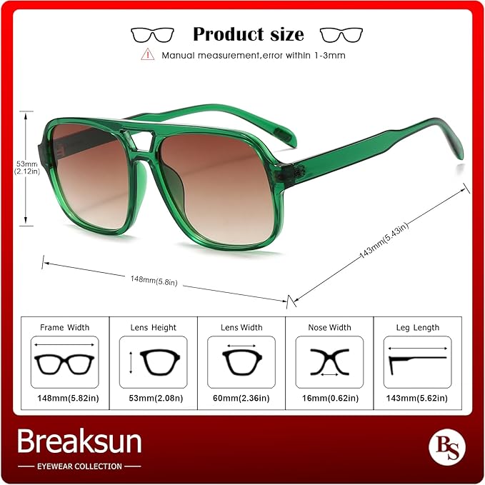 Retro Aviator Sunglasses for Women Men Trendy Classic 70s Square Green Aviator Sun Glasses Vintage Shades