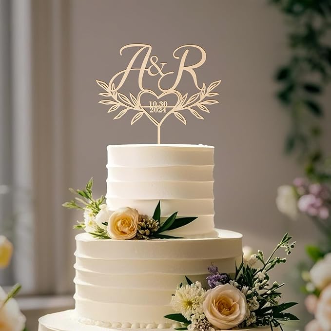 Custom Initials and Date Wedding Cake Topper Pesonalized Wedding Cake Decoration Heart and Leaves Design in Wood