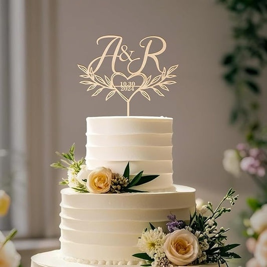 Custom Initials and Date Wedding Cake Topper Pesonalized Wedding Cake Decoration Heart and Leaves Design in Wood